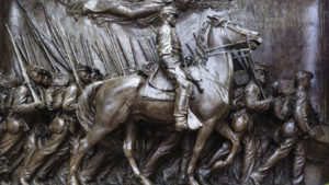 The Robert Gould Shaw Monument, across from the state capitol, honors the all-Black 54th Regiment and its leader.